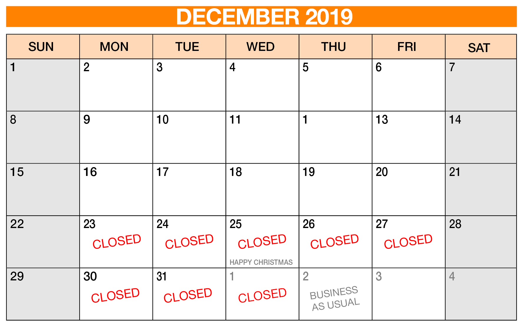 Winter closure dates